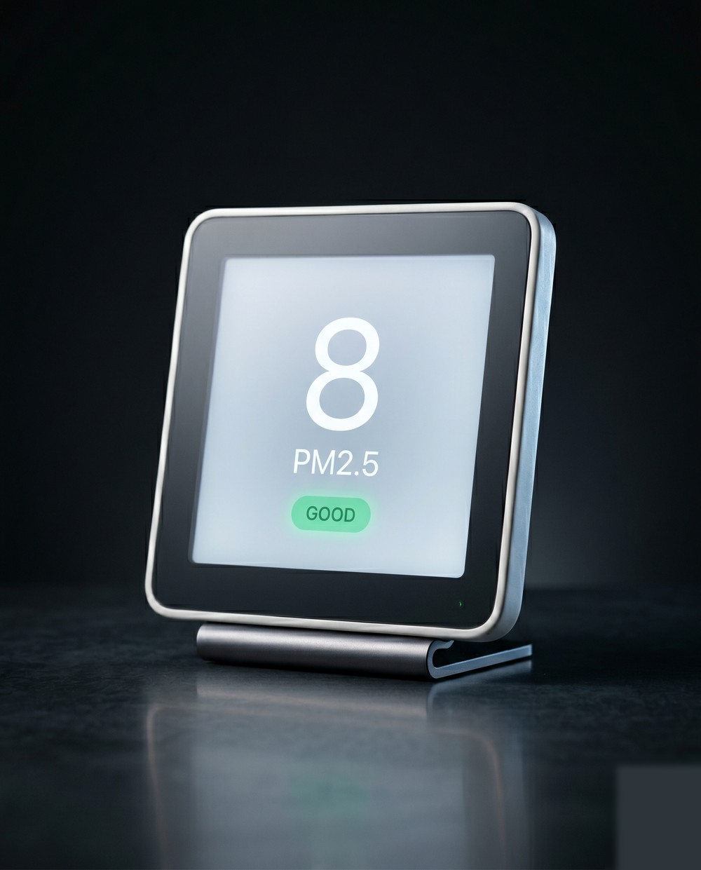 Bio Air, BioDwell's continuous indoor air quality monitor, showing a live PM2.5 reading of 8, status good